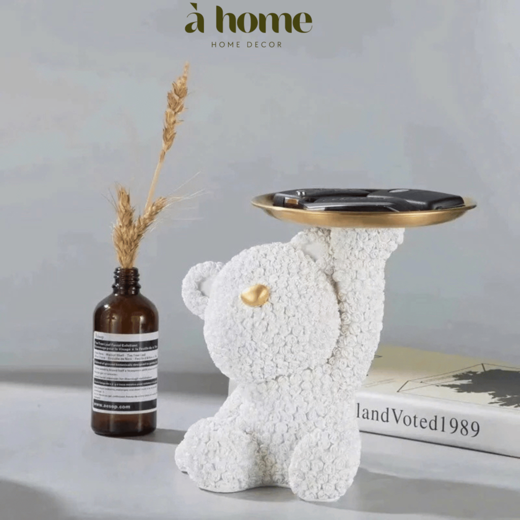 Khay Gấu Hoa Hồng Đựng Chìa Khoá – Gấu Bê Khay Decor Bàn Trà