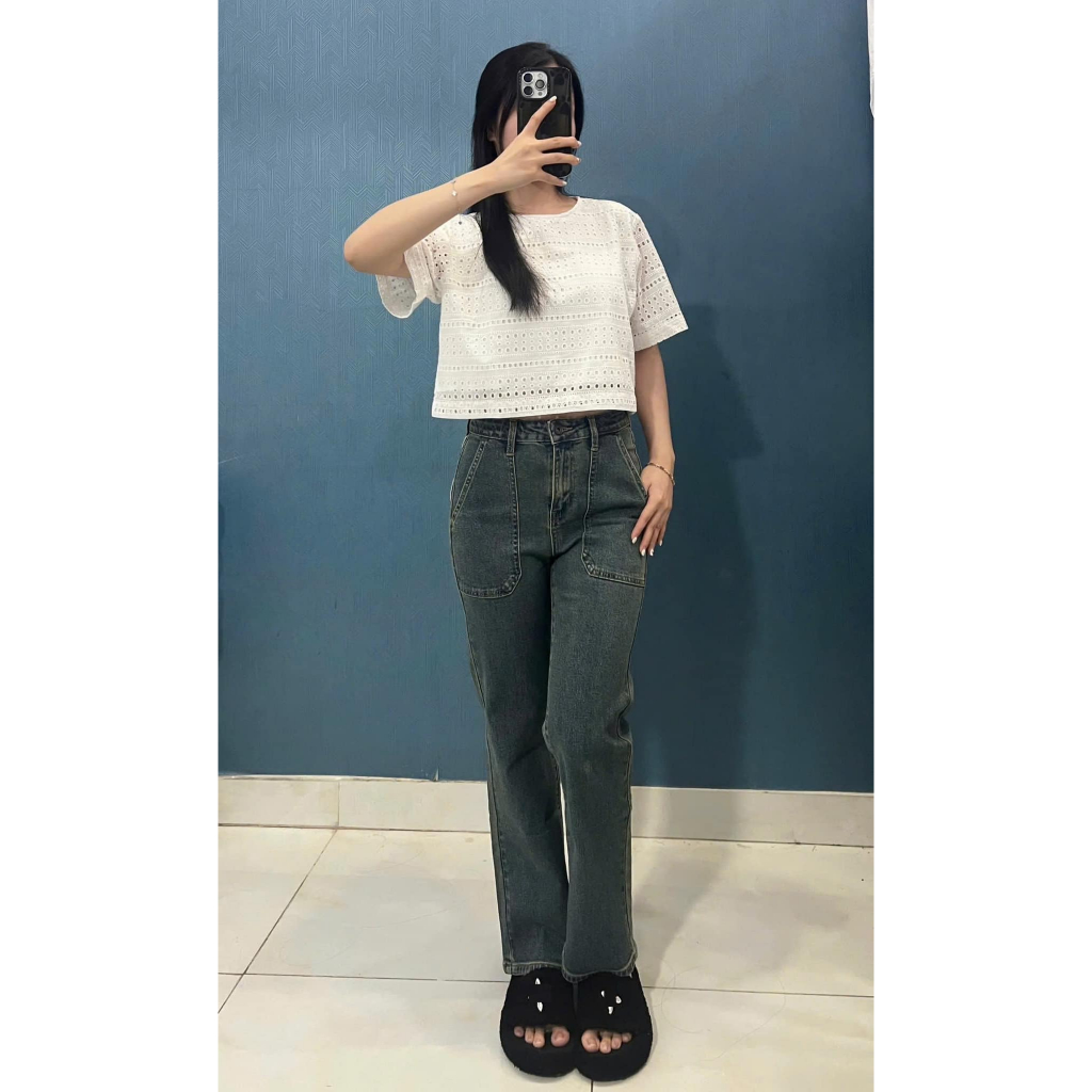 Vis Store - Quần jean nữ ống suông đứng màu xanh