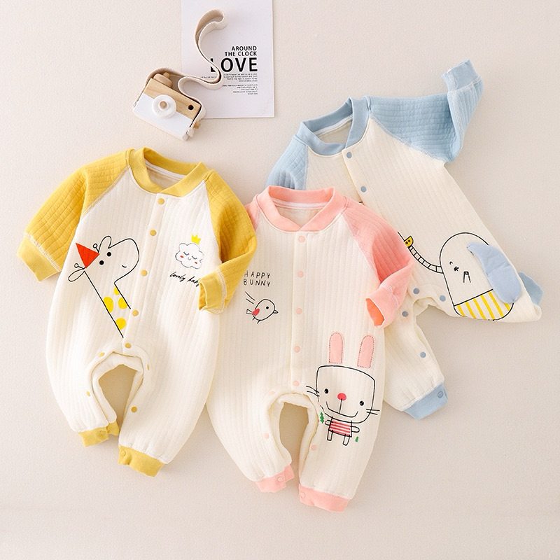 Body chần bông in hình ngộ nghĩnh Bodysuit liền thân dài tay cài giữa 3 lớp dày ấm cho bé trai bé gái mặc thu đông