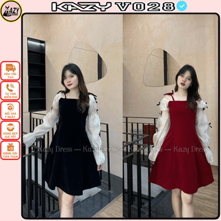 Váy nhung đính nơ tay dài phối tay tơ óng tiểu thư siêu xinh KAZY STORE V028