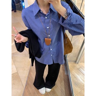 (OLDSCHOOL) Áo sơ mi nữ FORM TO CHẤT KATE THÔ kẻ caro xanh đậm nhỏ A404