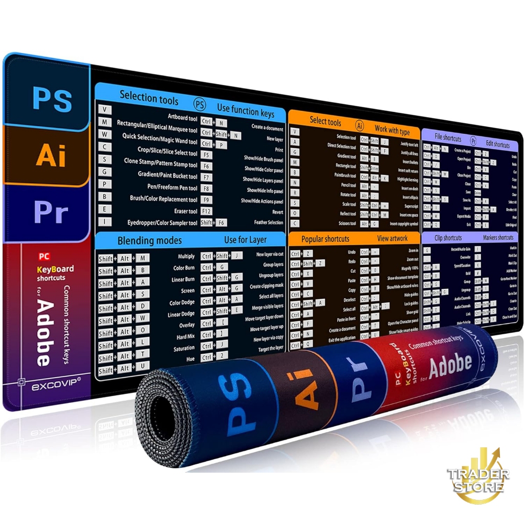 Lót chuột - Pad chuột phím tắt phần mềm Photoshop, Adobe Illustrator, Premiere pad chuột cỡ lớn.