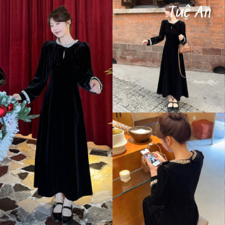  Váy Nhung Màu Đen Dáng Dài Chữ A Xòe Dưới Đi Tiệc Tay Dài Có Đính Đá,Đầm Eo Cổ Tròn Đính Đá Cao Cấp Q.C Mã  TA102  