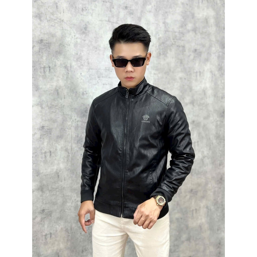 Áo khoác da Nam cổ Đứng (cổ tàu) 100% Da Quảng Châu Cao Cấp (V.E.R.S.A.C.E) , Áo khoác da trơn  khôn