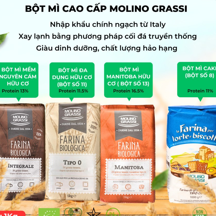Bột mì hữu cơ Molino Grassi Bột số 8, số 11, 13 (cake, đa dụng, manitoba, nguyên cám)