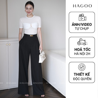 Quần âu ống suông HAGOO cạp cao ly súp 2 màu Đen/ Sọc Xanh phong cách thanh lịch công sở [Q347]