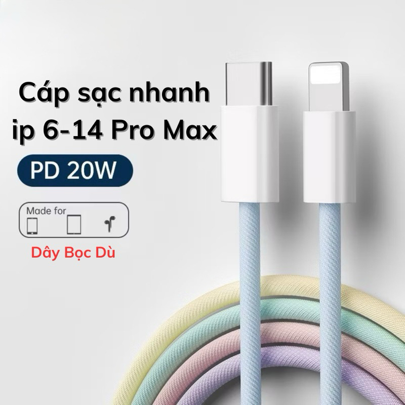 Dây cáp sạc nhanh 20W Type C - ip sạc dây dù C-L cho các dòng máy ip 6/7/8/X/11/12/13/14/Plus/Pro/Pr