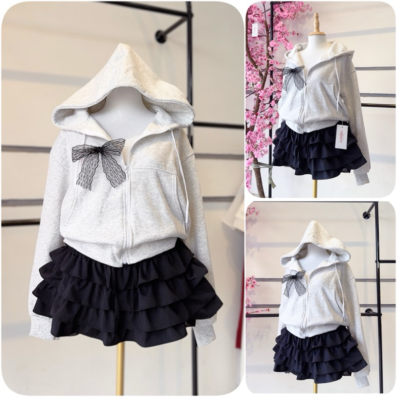 Sét Váy Mùa Đông Almira Store - Áo Khoác Nỉ Croptop Có Mũ + Chân Váy Đũi Sần 4 Tầng Đen Freesize <55