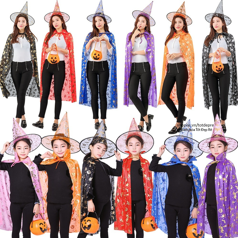 Tách lẻ mũ và choàng - Bộ choàng phù thủy mũ chóp họa tiết đẹp hóa trang Halloween