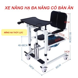 Xe di chuyển bệnh nhân tại giường 4in1 có bàn ăn, Ghế nâng hạ trợ lực đa năng giúp người già bệnh nhân di chuyển dễ dàng