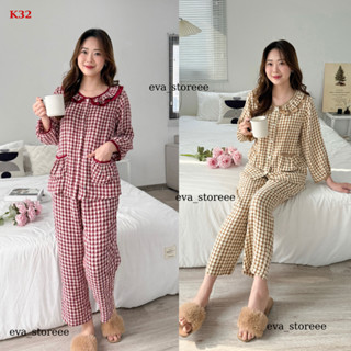 Đồ Ngủ Babydoll - Đồ Bộ Kẻ Caro Lila Dáng Dài Áo Cổ Tròn Bo Tay, Quần Dài Mặc Thoải Mái, Chất Liệu Coton Mềm