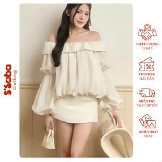 Set đồ nữ hot girl sang chảnh S'suba Clothing áo trễ vai dài phối ren thêu mix chân váy tiểu thư bánh bèo hẹn hò dạo phố