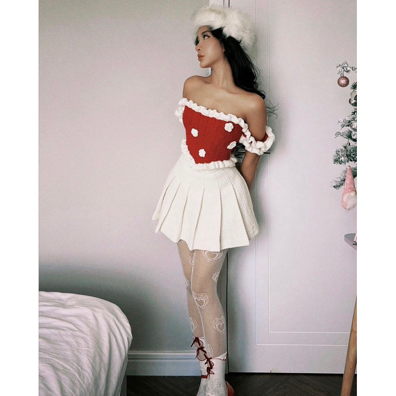 Sabrina girl💋 áo len crochet phiên bản Giáng Sinh trễ vai nhún bèo đỏ quyến rũ