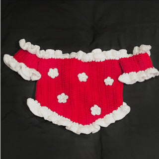 Sabrina girl💋 áo len crochet phiên bản Giáng Sinh trễ vai nhún bèo đỏ quyến rũ