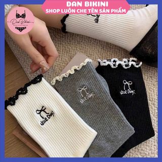 Set 5 Đôi Tất Nữ Cotton Cổ Bèo Thêu Nơ Hàn Quốc Mẫu T146