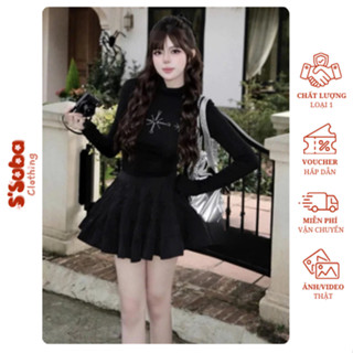 Set đồ hot girl cá tính S'suba Clothing áo dài tay đính đá phối chân váy tầng xoè sang chảnh quyến rũ hẹn hò dạo phố