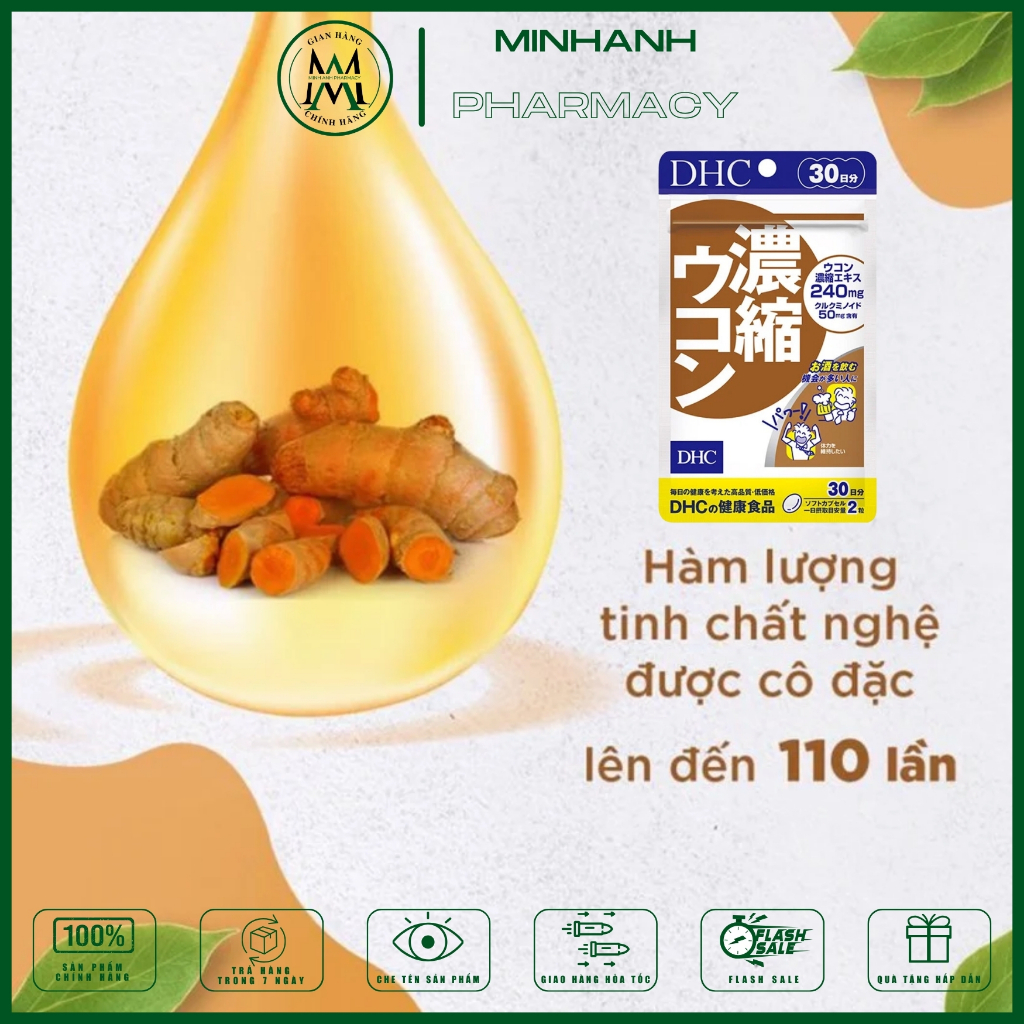 Viên Uống Giải Rượu, Thải Độc Gan, chống oxy hóa ,Cải Thiện Da Mụn DHC Concentrated Turmeric ( Nghệ cô đặc) Nhật Bản