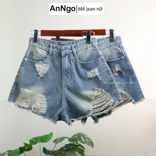  Quần short jean nữ lưng cao rách gối chất jean denim wash màu xanh dơ cá tính Anngo - AT443 