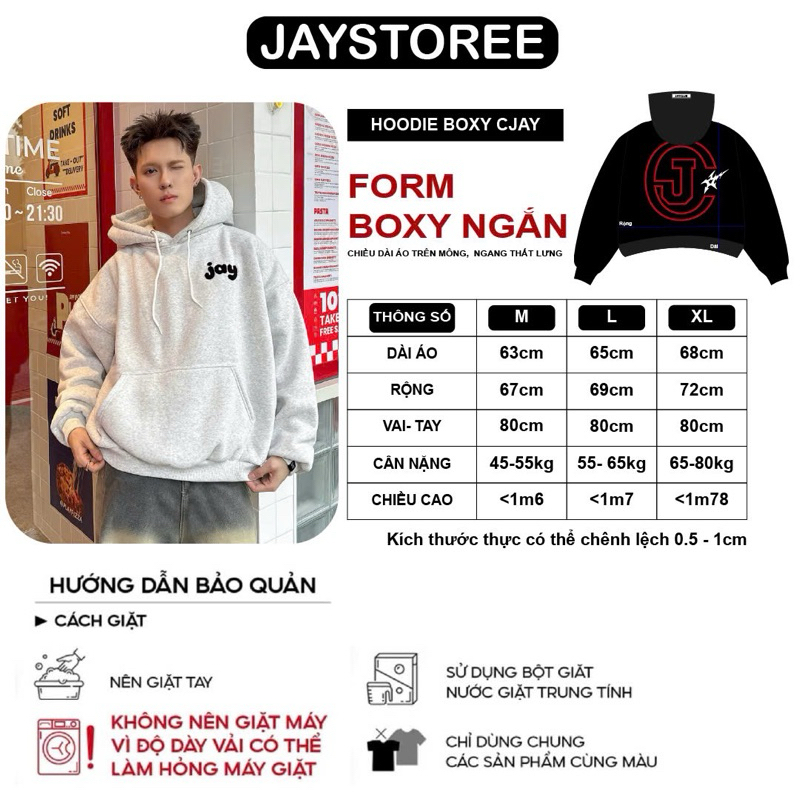 HOODIE CJAY - Áo khoác hoodie thêu xù form Boxy rộng mũ to nam nữ unisex màu XÁM TIÊU/XÁM CHÌ/ĐEN 🖤 | BigBuy360 - bigbuy360.vn
