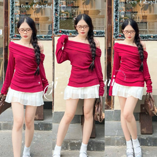   SHOPPUMI  Set áo bẹt vai đỏ tay dài kèm chân váy voan tầng lưng thun freesize Pumi 16509 