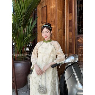 Áo dài cách tân thiết kế 4 tà dáng suông vải tơ viền xanh lá diện đám cưới đi chơi Tết Vayemcloset