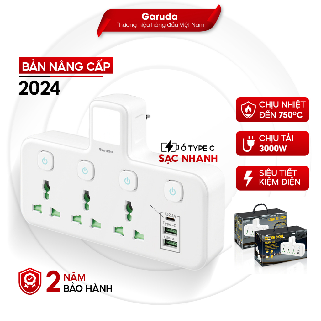 Ổ cắm chia điện đa năng thông minh garuda chân 2 chấu, 2 cổng usb sạc nhanh, 1 cổng type c 15v, chống cháy 3000w