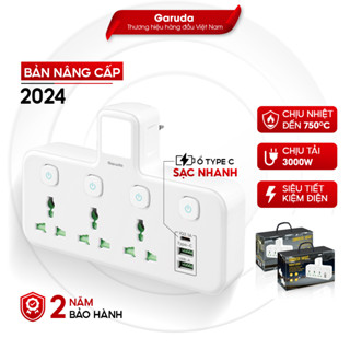Ổ cắm chia điện đa năng thông minh garuda chân 2 chấu, 2 cổng usb sạc nhanh, 1 cổng type c 15v, chống cháy 3000w