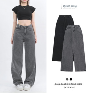 Quần jean nữ ống rộng đen xám phong cách Ulzzang School (Có Bigsize) - Quần jeans baggy suông Kyubi JC25