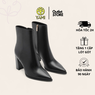 Giày Bốt Nữ Mũi Nhọn, Boot Nữ Gót Vuông Cao 9cm Có Khóa Hông Ống Đến Cổ Chân Màu Đen Có Big Size, Bốt Xuất Dư YAMI