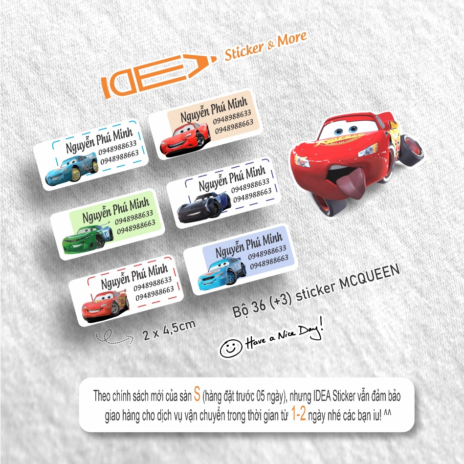Bộ 36 (+3) sticker MCQUEEN ủi áo, dán bình sữa, đồ dùng học tập - In theo tên bé
