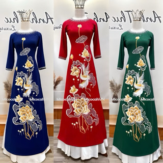 Áo dài mẹ sui, áo dài thêu hoa sen cổ tròn vải lụa mango đính kết sang trọng MC07