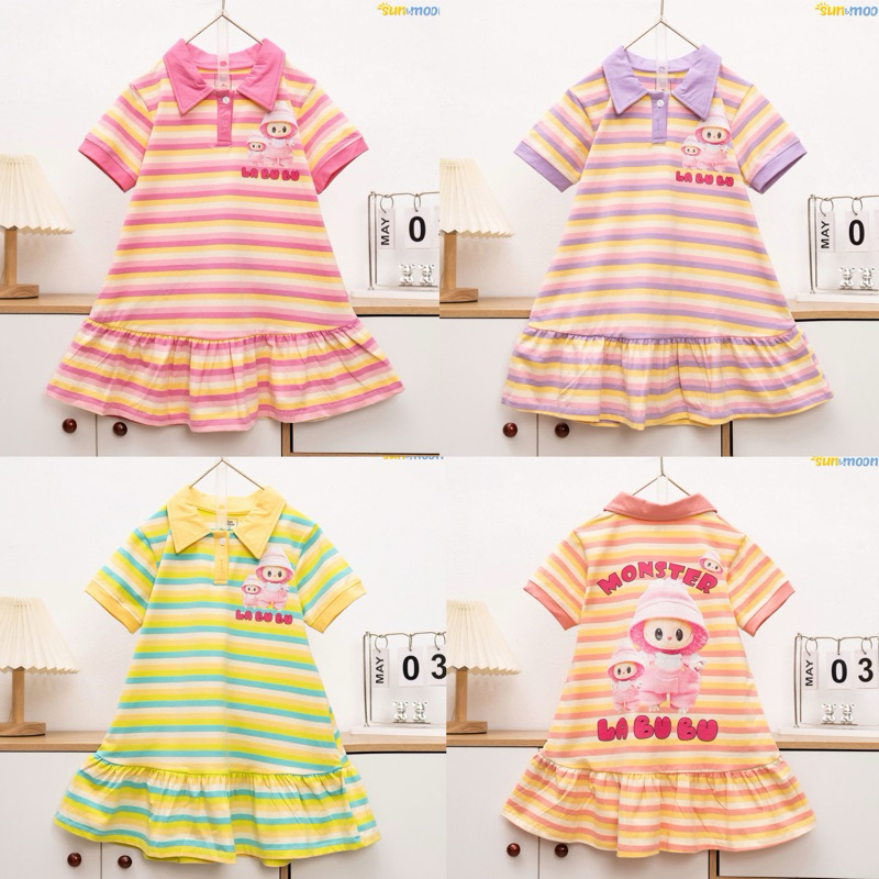 [BBkidsvn] Đầm thun sọc cotton cổ bẻ Labubu cho bé gái 13kg - 32kg