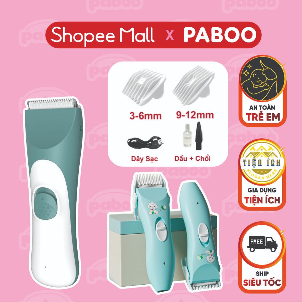 Tông Đơ Cắt Tóc Cho Bé và gia đình PABOO Không Ồn, Lưỡi Bo Viền An Toàn, Pin Sạc đời mới, Chống Nước, Tăng Đơ mẫu mới