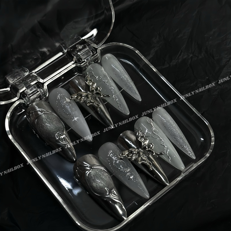 Nailbox tráng gương bạc thạch gạo JUNLY - nail box thiết kế móng giả mắt mèo đính đá cá tính 356