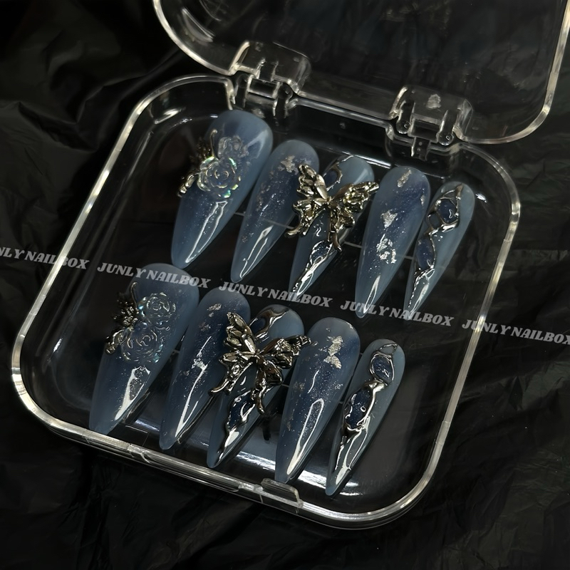 Nailbox tông xanh cham nổi JUNLY - nail box thiết kế móng giả xanh dương ngầu đi chơi 366