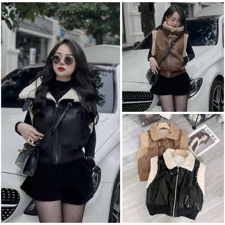 áo khoác gile da  lót lông cừu nữ ảnh thật