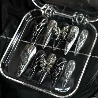 Nailbox tráng gương bạc nổi JUNLY - nail box thiết kế móng giả tông đen vẽ gel nổi đi chơi chụp hình 367