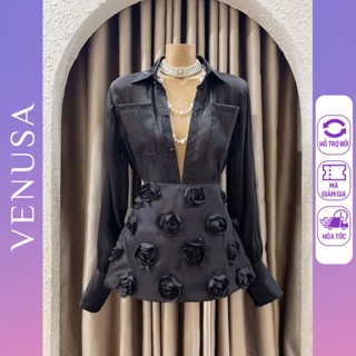 Set bộ nữ BIGSIZE màu đen áo sơ mi tơ voan basic mix chân váy A đính hoa Venusa Store