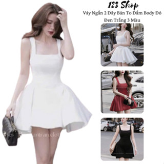 Váy Ngắn 2 Dây Bản To Đầm Body Đỏ Đen Trắng 3 Màu 123SHOP Cổ Vuông Dáng Dài Bồng Xòe Chử A Sang Chảnh Basic Tôn Dáng