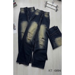  Quần baggy Jean nữ ống rộng lưng cao rách kiểu - Quần jean nữ ống suông màu xanh bụi TH0594 