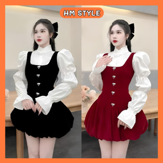    Tặng kèm nơ đá  Sét yếm nhung xoè dáng bí mix áo sơ mi tay chun kèm quần bảo hộ rời HB961 