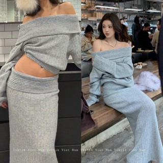 Set bộ len áo trễ vai dài tay kết hợp chân váy dài cạp bản to màu ghi trơn nữ tính SB003 - Tiktik