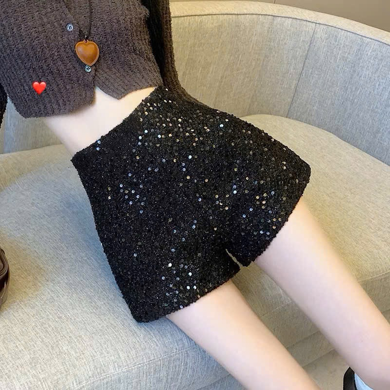 quần short nữ đính kim sa tôn dáng dây kéo lưng mặc xinh ly