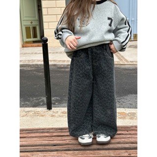 Quần Jeans Lót Lông Cừu Ống Rộng Bé Gái Ambb Kids - Quần Bò Dáng Suông Họa Tiết Da Báo Cho Bé Từ ư-12 Tuổi