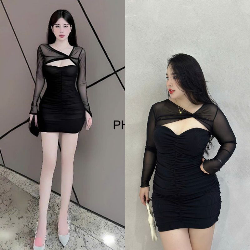 VÁY BODY PHỐI LƯỚI CỔ XOẮN TAY LOE BIGSIZE
