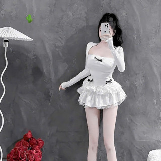  Sét bộ áo tay dài cổ U rộng đính nơ chà nèo  phối chân váy tầng viền ren cực hot 