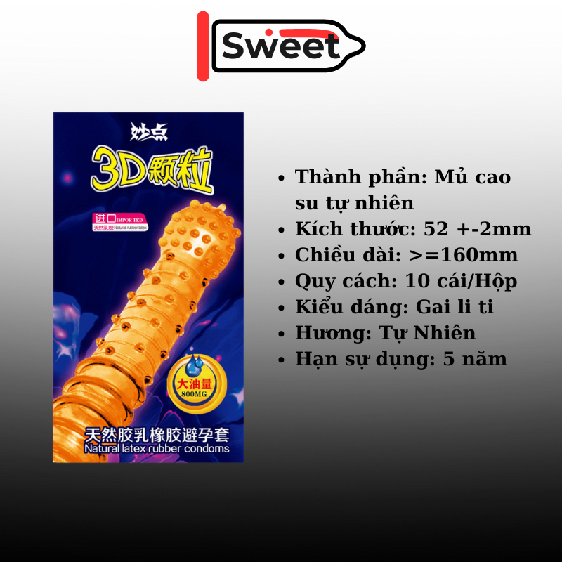 Bao cao su gân gai 3D chạm đỉnh đê mê Hộp 10 bcs
