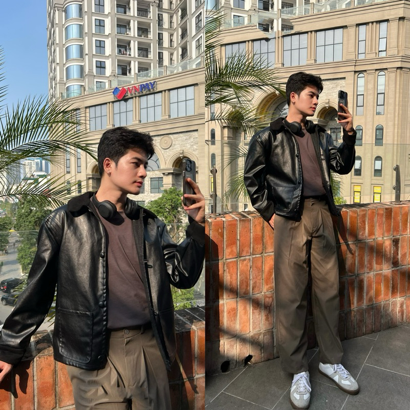 Áo da đen cổ phối nhung by Sunset Design (Đồ thiết kế) Hàng cao cấp