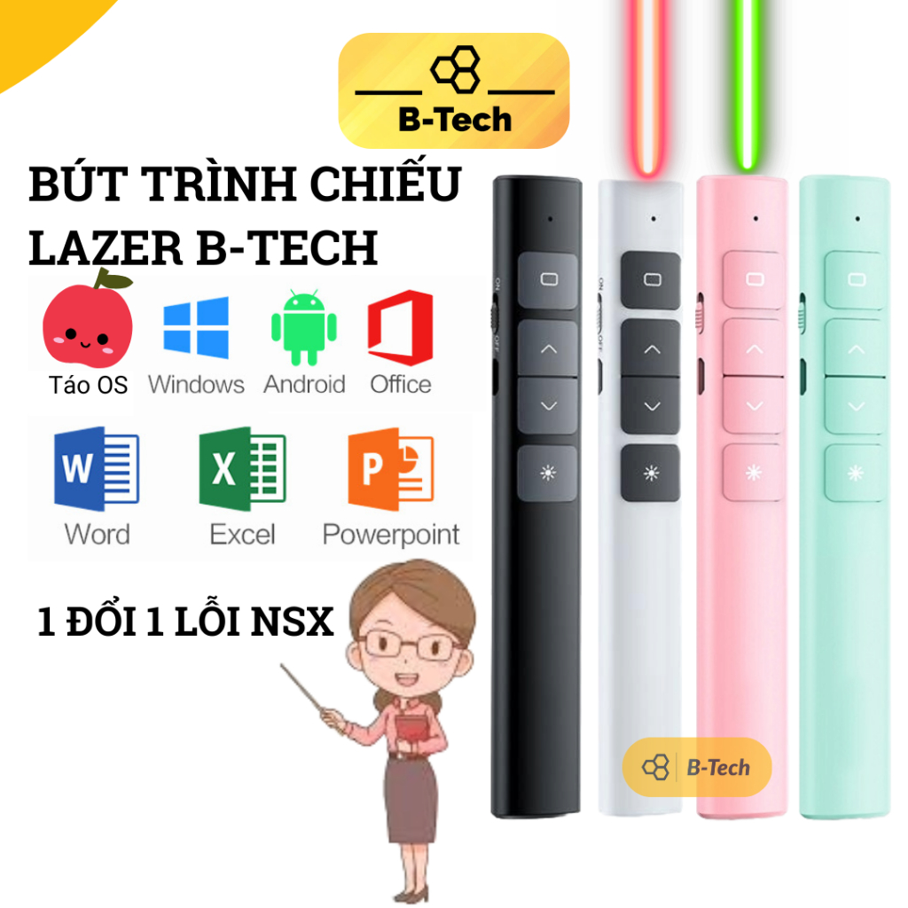 Bút trình chiếu Powerpoint, đèn laser, chuyển slide, pin sạc B-TECH, bút thuyết trình, bút laser, bút chỉ máy chiếu