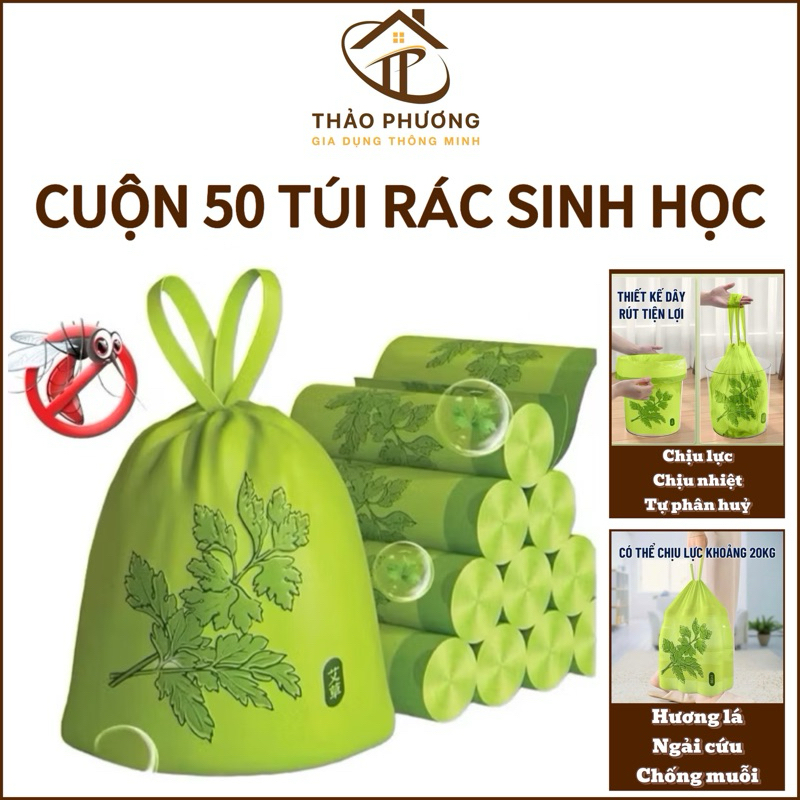 Cuộn Túi Rác Sinh Học Ngải Cứu, Cuộn 50 Túi Đựng Rác Đuổi Côn Trùng Túi Rác Có Dây Rút